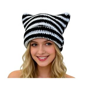 Black White Striped Crochet Cat Ear Beanie Slouchy Knit Kitten Ear Hat